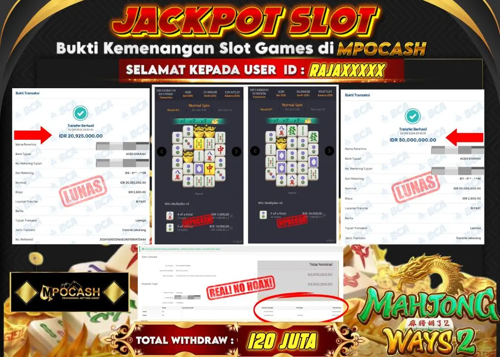 MPOCASH JACKPOT SLOT MAHJONG 2 Rp 120.925.000 - LUNAS!!!